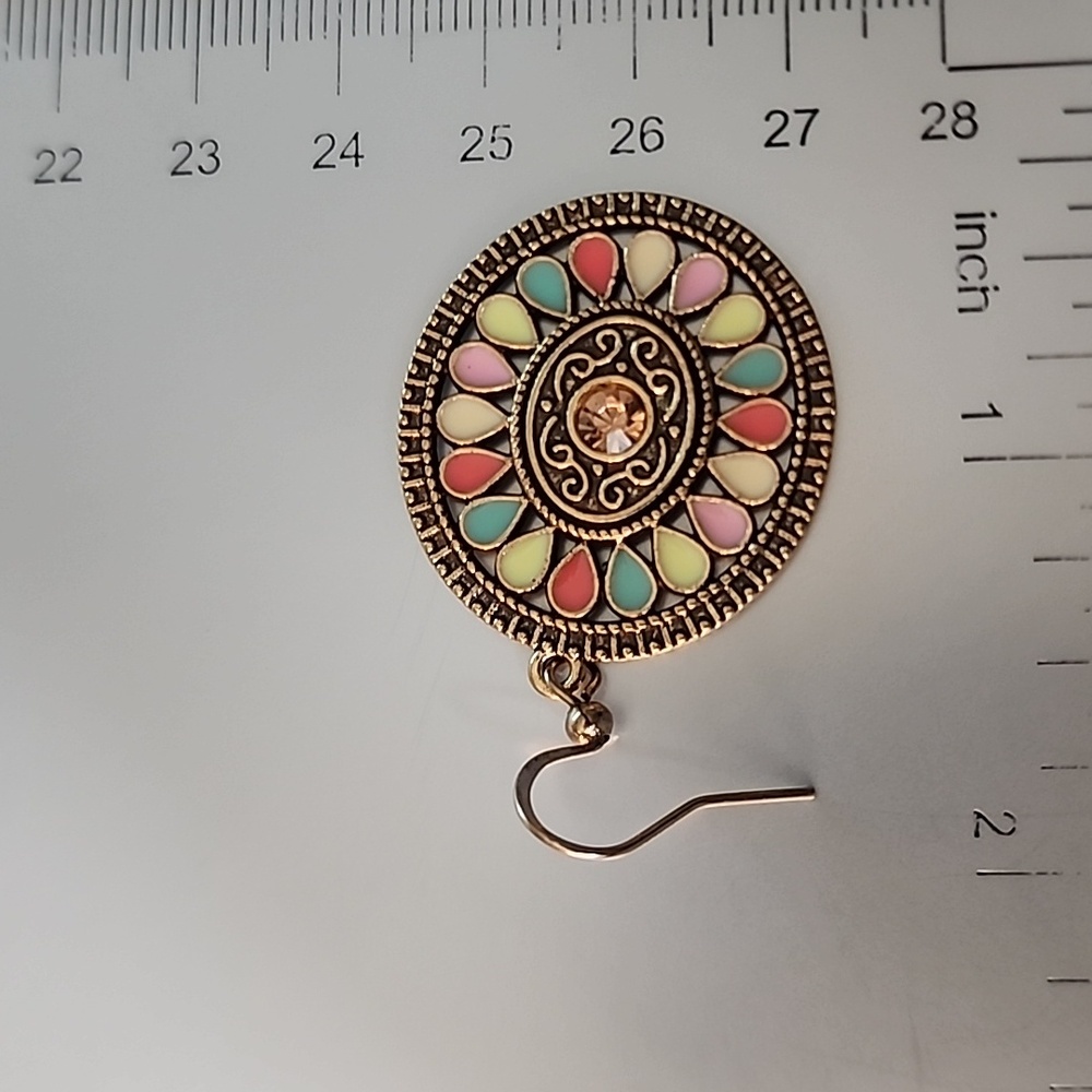 Boho ANTIQUE GOLD earrings Disc GEMSTONE - Picture 3 of 3